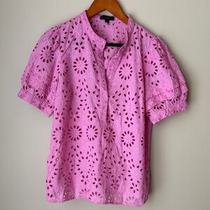 J Crew Blouse Pink Eyelet Pink Women’s Top Buttons Short Cap Sleeves Size Small